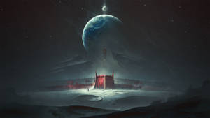 地球和月亮下的雪行星上的紅色外星塔