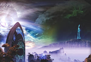 在旋轉的宇宙漩渦和極光下，未來主義的塔樓從霧氣籠罩的山脈中升起。