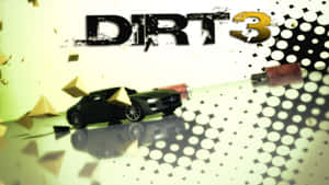黑色跑車在 DIRT 3 遊戲標題圖形中，帶有幾何形狀和反射表面。 — 越野飛車 壁紙