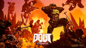 《Doom Eternal》遊戲藝術作品，展示惡魔般的生物在熾熱的風景中吹奏號角。 — 鬼滅之刃 壁紙