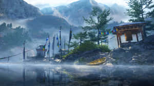 霧氣籠罩的山湖，旁邊有木製神社、經幡和一艘黃色小船。
