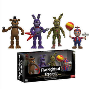 四個《Five Nights at Freddy's》機械動畫乙烯基人偶與收藏盒一同展示。