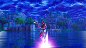 Fortnite角色在暮色中帶著發光噴射背包飛越水面。