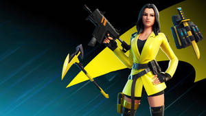 Fortnite女性角色身穿黃色套裝手持步槍同斧頭