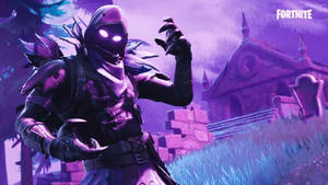 一個穿著紫色盔甲、眼睛發光的 Fortnite 角色，在夜晚的陰森墓地中站立。