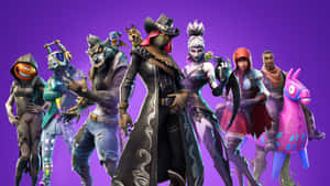 一群穿著色彩繽紛服裝的Fortnite遊戲角色一起擺姿勢。