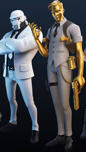 兩個穿著白色和金色西裝的 Fortnite 角色手持武器擺姿勢。