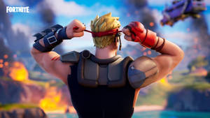 Fortnite角色在日落時調整紅色頭帶，伴隨著爆炸和飛行車輛。