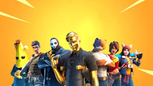 一群 Fortnite 遊戲角色在明亮的黃色太陽光線背景前英勇地擺姿勢。