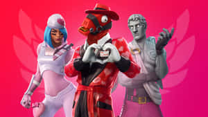 三個穿著情人節主題服裝的Fortnite角色與心形一起擺姿勢。