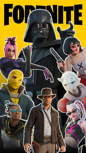 Fortnite 遊戲角色，包括 Darth Vader 和 Indiana Jones，在色彩繽紛的拼貼畫中。