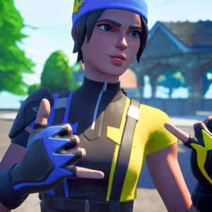 戴藍色帽、穿黃色背心的Fortnite角色在戶外做手勢。