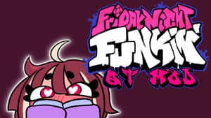 有愛心眼和角的動漫角色，在 Friday Night Funkin' 遊戲標誌旁邊。