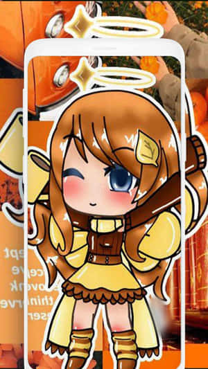 Q版動漫女孩手持劍和天使光環站在手機屏幕上 — Gacha life GIF 壁紙