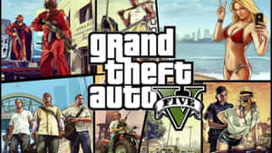 《Grand Theft Auto V》遊戲封面，主要角色出現在都市場景中。