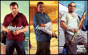 三個GTA V角色Michael、Franklin和Trevor在城市環境中手持武器。