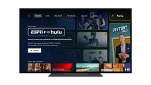 一部平面電視顯示Hulu串流服務的ESPN+首頁，帶有內容方塊。
