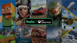 遊戲蒙太奇，包含Minecraft、賽車、Halo和飛行飛機，帶有Hulu和Xbox Game Pass標誌。