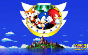 Sonic、Tails 和 Knuckles 在金色徽章中，位於帶有瀑布的熱帶島嶼上方。
