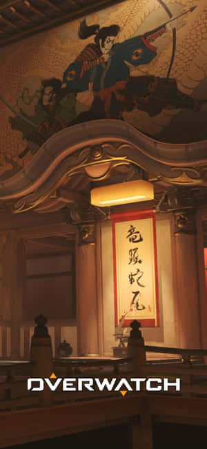 傳統日式房間，配有壁畫和書法卷軸，由溫暖燈光照明。 — 鬥陣特攻 GIF 壁紙