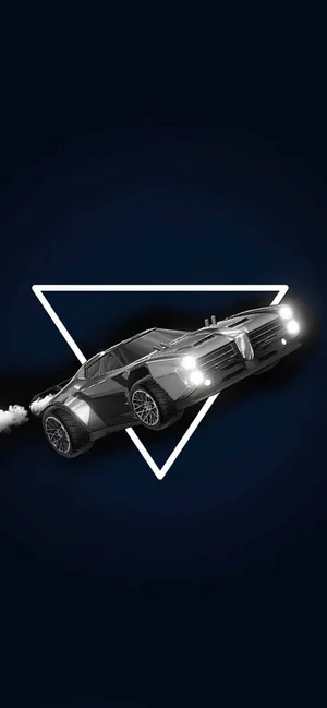 一輛銀色跑車在深藍色背景上的白色三角形內漂移,車頭燈閃閃發光。
