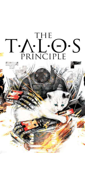 為 The Talos Principle 創作的火焰水彩藝術中，機械臂上的綠眼白色小貓。 — Nubia Focus 2 壁紙