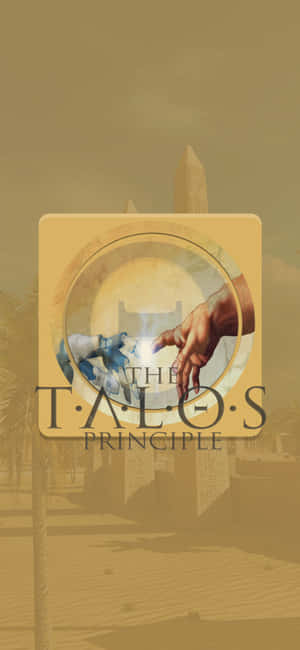 The Talos Principle 遊戲標誌，一隻手伸向發光的球體，以古代遺跡為背景。 — iPhone 14 Plus 壁紙