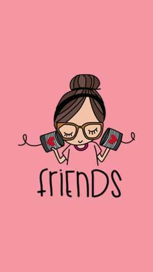 戴眼鏡的卡通女孩拿著帶有心形圖案的電話貼在耳邊，文字顯示「friends」。