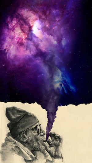 一位留鬍鬚戴眼鏡的老人呼出煙霧，煙霧在太空中變成色彩繽紛的星雲。