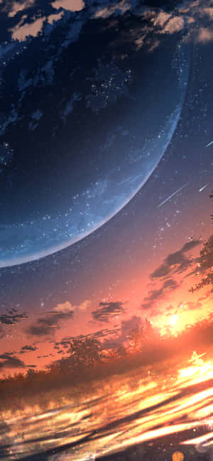 一個在日落時分的行星，星空中有發光的雲和流星。