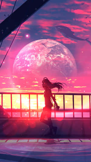 動漫女孩剪影在橋上觀看巨大的粉紅色行星和飛行的鯨魚在夕陽下。