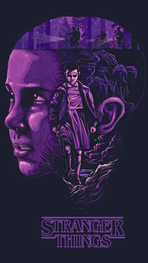 Stranger Things 的紫色插圖海報， featuring 一個女孩在森林中，有單車和一個怪物。