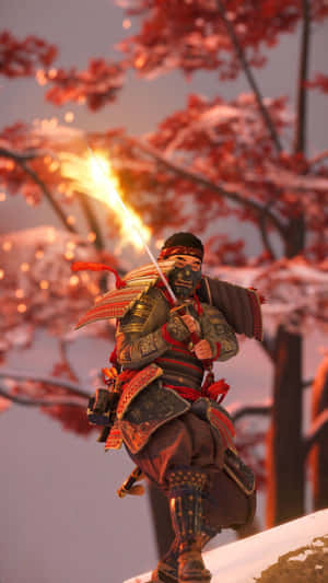 武士戰士在雪景中櫻花樹下手持火焰劍。 — 對馬戰鬼 GIF 壁紙