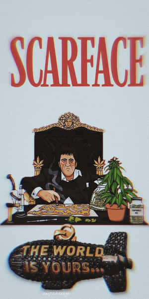 Scarface 坐在寶座上，周圍有 Cannabis 植物和一個寫着 'THE WORLD IS YOURS' 的飛船