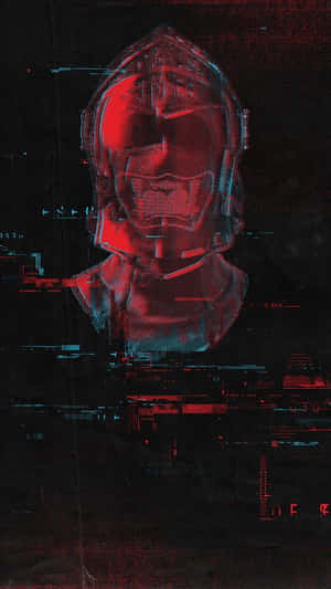 一個戴頭盔嘅人物喺 cyberpunk 場景中嘅紅色同藍色故障數碼半身像。