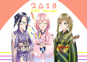 三個穿著和服的動漫女孩，帶著快樂的表情慶祝新年。 — 露營 壁紙