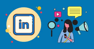 女人拿著電話和擴音器，靠近LinkedIn圖標和社交媒體符號。