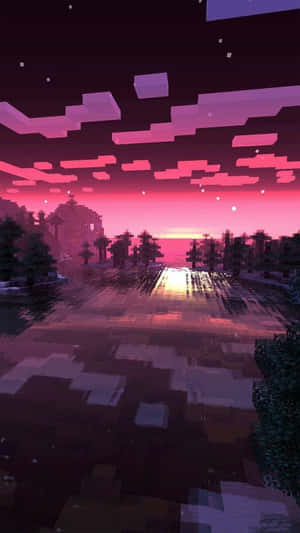 像素化Minecraft日落景觀，粉紅天空與水面倒影。