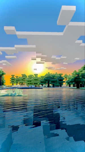 日落時分嘅方塊Minecraft景觀，有樹木同水面倒影。
