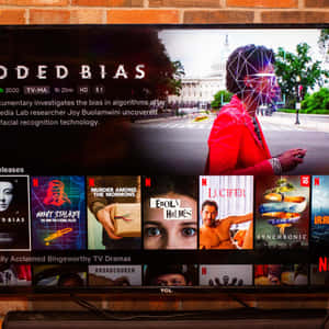 電視屏幕顯示Netflix紀錄片，關於演算法偏見，帶有面部識別疊加層。