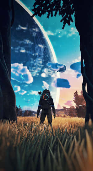 太空人在田野中仰望行星和太空船，黃昏時分