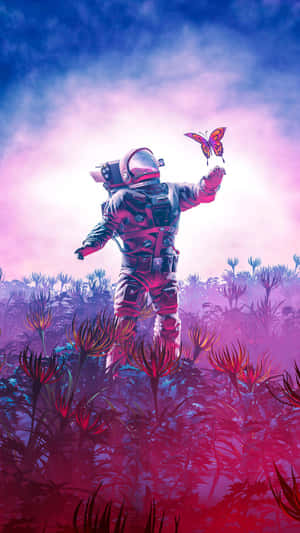 穿著太空衣的太空人在有發光植物的外星景觀中伸手觸碰蝴蝶。