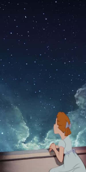 穿著白色連衣裙的女孩仰望星空，雲朵發光。