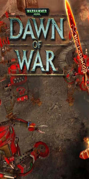 紅色裝甲戰士手持發光武器，站在裂開的戰場上，背景是 Warhammer 40k Dawn of War 標題。 — 18:9 壁紙