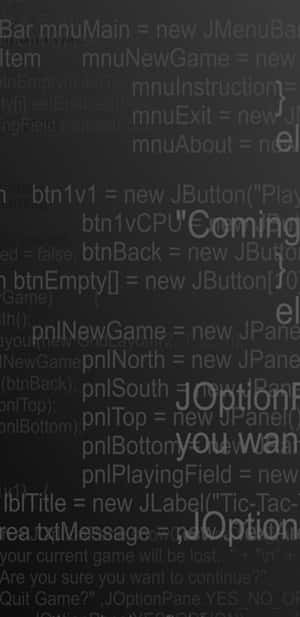 Java 程式碼片段，帶有在深色背景上發光的「Coming Soon」文字。 — 低對比度 壁紙