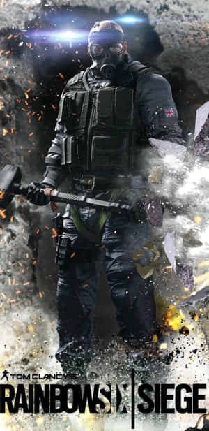 身穿戰術裝備的士兵在爆炸戰鬥場景中揮舞大錘。