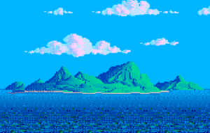 像素藝術場景，藍色海洋中的綠色島嶼，天空有粉紅色的雲。