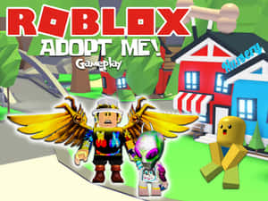 Roblox Adopt Me! 角色擁有金色翅膀和外星寵物，靠近托兒所建築。