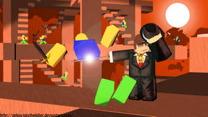 穿著西裝的Roblox角色在方塊狀的遊戲世界日落中，用發光的劍戰鬥。