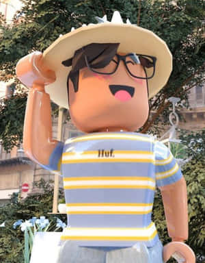 戴眼鏡和帽子的Roblox角色在陽光明媚的戶外環境中揮手